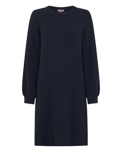 N.Peal Women's Crew Neck Cable Cashmere Dress Navy Blue
