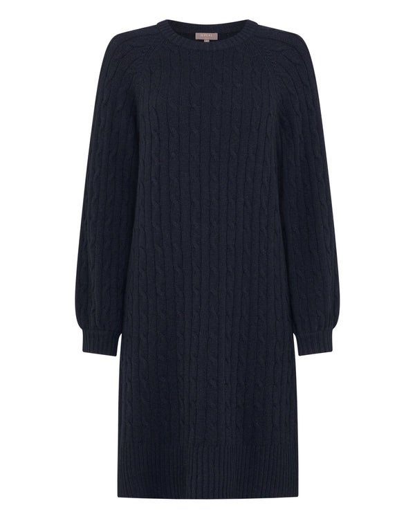 Women's Crew Neck Cable Cashmere Dress Navy Blue | N.Peal