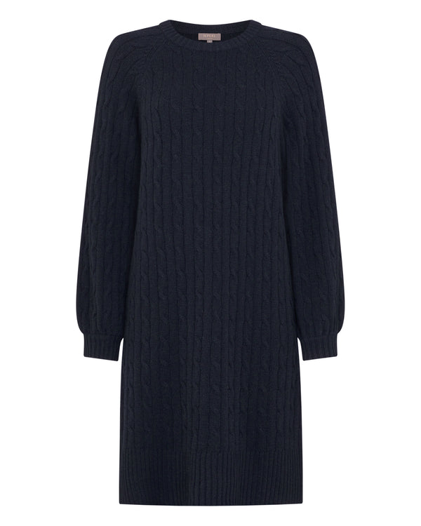 N.Peal Women's Crew Neck Cable Cashmere Dress Navy Blue