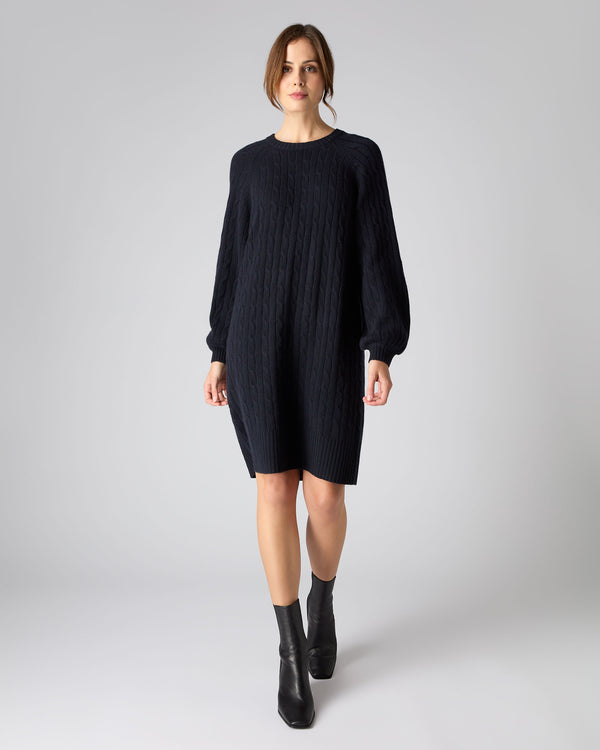 N.Peal Women's Crew Neck Cable Cashmere Dress Navy Blue