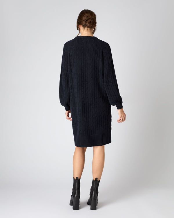 N.Peal Women's Crew Neck Cable Cashmere Dress Navy Blue