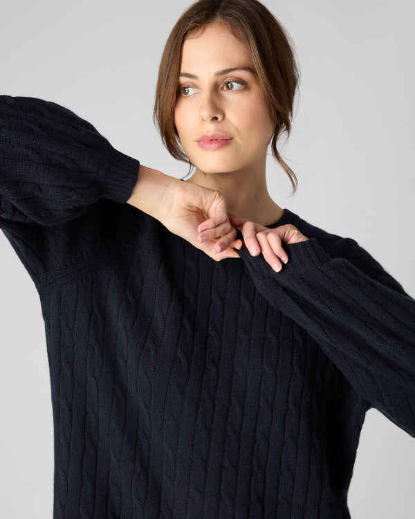 N.Peal Women's Crew Neck Cable Cashmere Dress Navy Blue