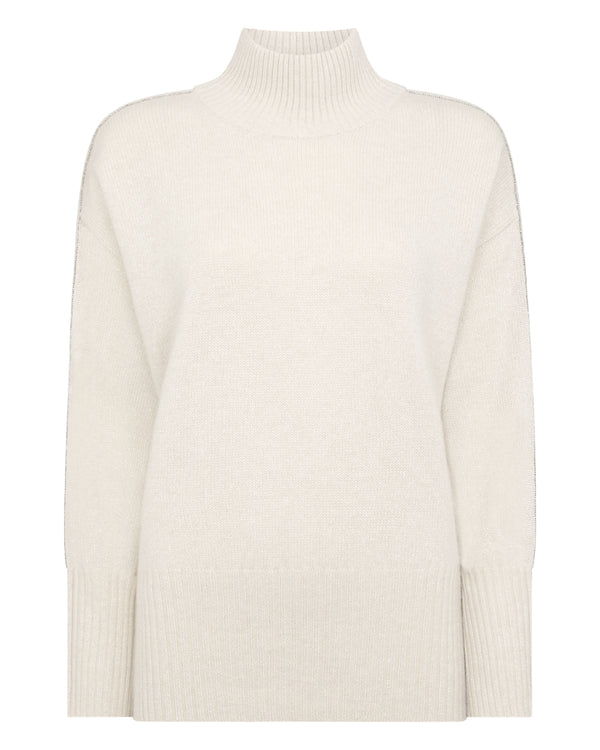 N.Peal Women's Metal Trim Curved Hem Cashmere Jumper With Lurex Ecru White Sparkle