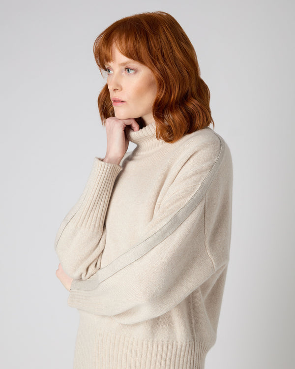 N.Peal Women's Metal Trim Curved Hem Cashmere Jumper With Lurex Ecru White Sparkle