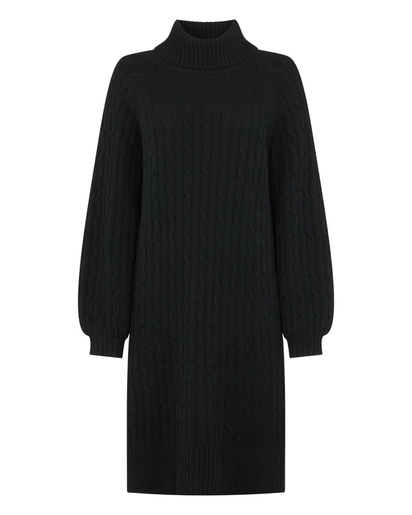 N.Peal Women's Roll Neck Cable Cashmere Dress Black