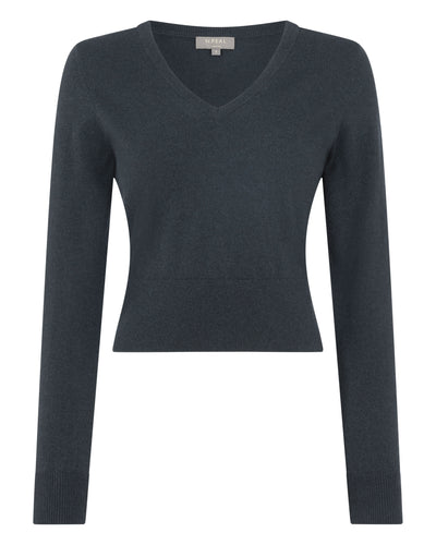 N.Peal Women's Crop V Neck Cashmere Jumper Grigio Blue