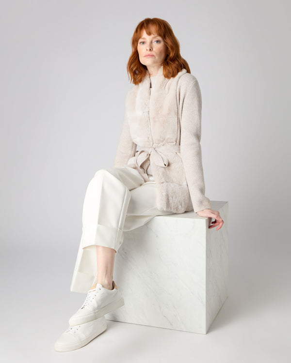 N.Peal Women's Herringbone Cashmere Jacket With Fur Trim New Ivory White
