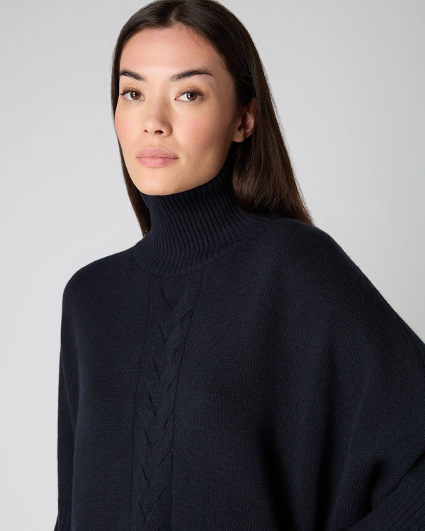 N.Peal Women's Rib Sleeved Cable Cashmere Jumper Navy Blue