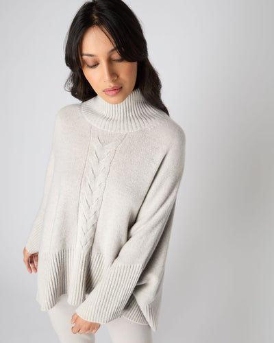 N.Peal Women's Rib Sleeved Cable Cashmere Jumper Pebble Grey