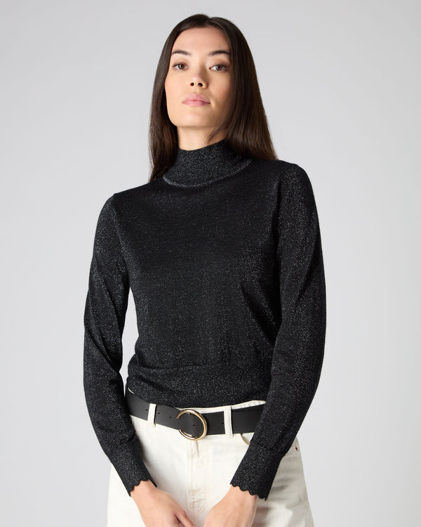 N.Peal Women's Crop Mock Neck Jumper With Lurex Black Sparkle