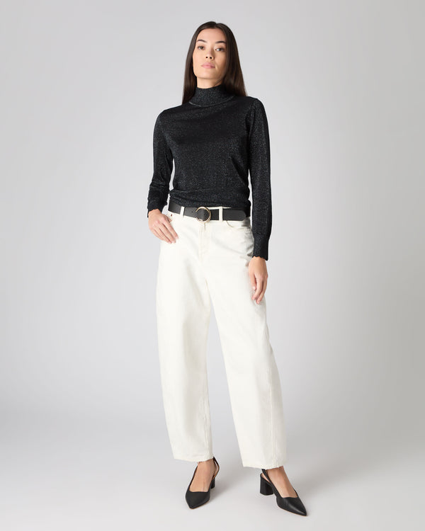 N.Peal Women's Crop Mock Neck Jumper With Lurex Black Sparkle