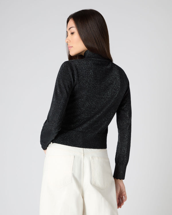 N.Peal Women's Crop Mock Neck Jumper With Lurex Black Sparkle
