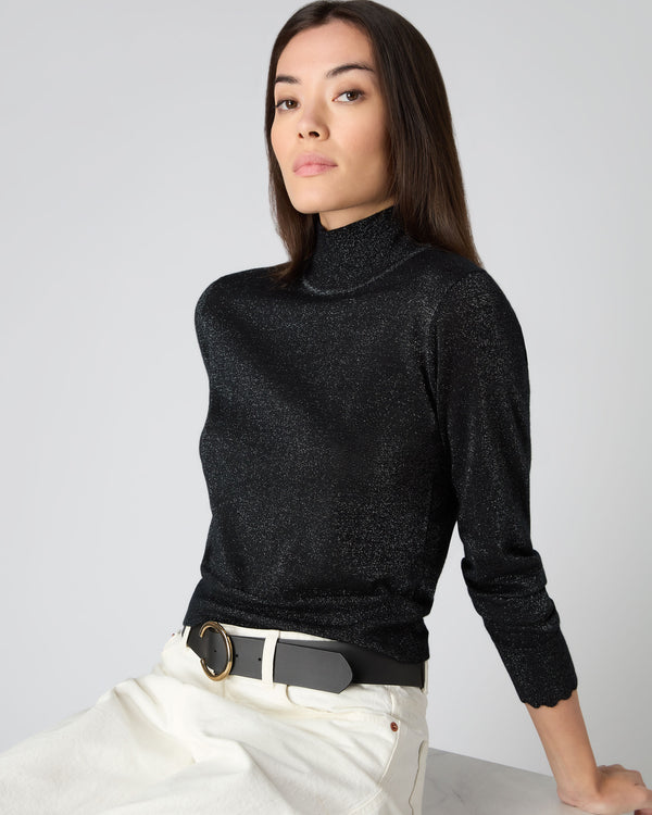 N.Peal Women's Crop Mock Neck Jumper With Lurex Black Sparkle