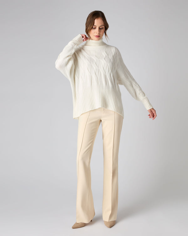 Women's Relaxed Cable Roll Neck Cashmere Jumper New Ivory White