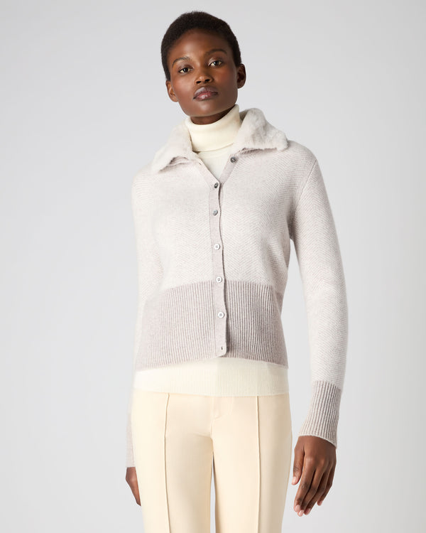 N.Peal Women's Herringbone Cashmere Cardigan Sand Brown