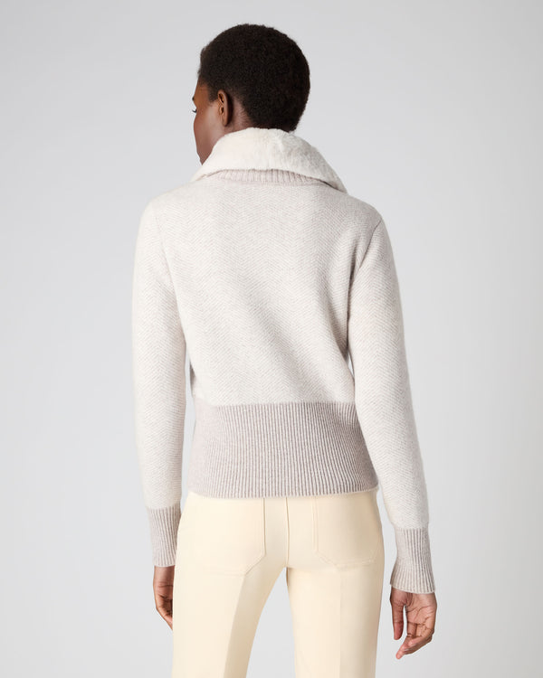 N.Peal Women's Herringbone Cashmere Cardigan Sand Brown