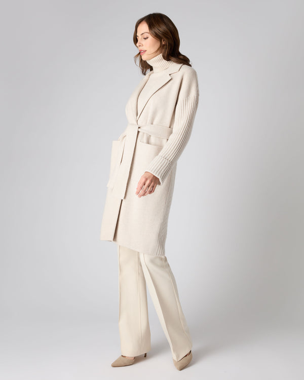 N.Peal Women's Cable Back Cashmere Coat Ecru White