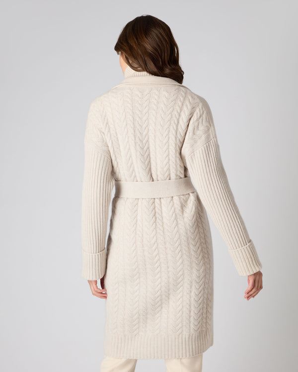 N.Peal Women's Cable Back Cashmere Coat Ecru White