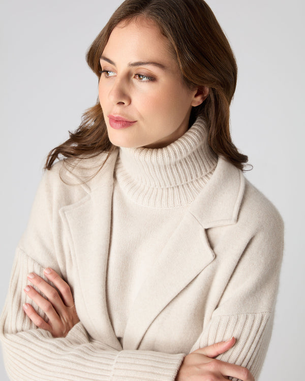 N.Peal Women's Cable Back Cashmere Coat Ecru White