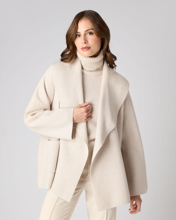 N.Peal Women's Shawl Placket Cashmere Cardigan Ecru White
