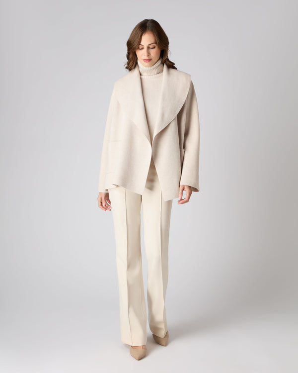 N.Peal Women's Shawl Placket Cashmere Cardigan Ecru White
