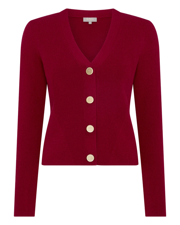 N.Peal Women's Rib V Neck Cashmere Cardigan Opera Red