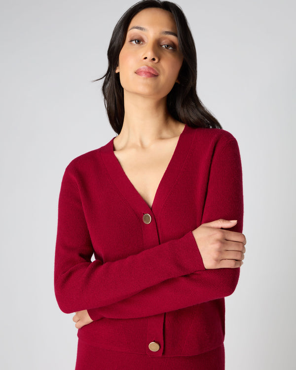 N.Peal Women's Rib V Neck Cashmere Cardigan Opera Red