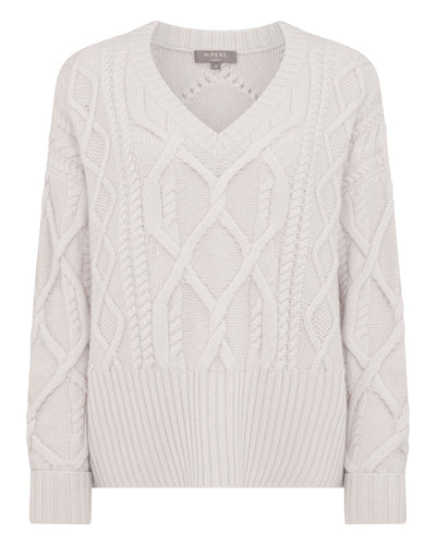 N.Peal Women's Cable V Neck Cashmere Jumper Snow Grey