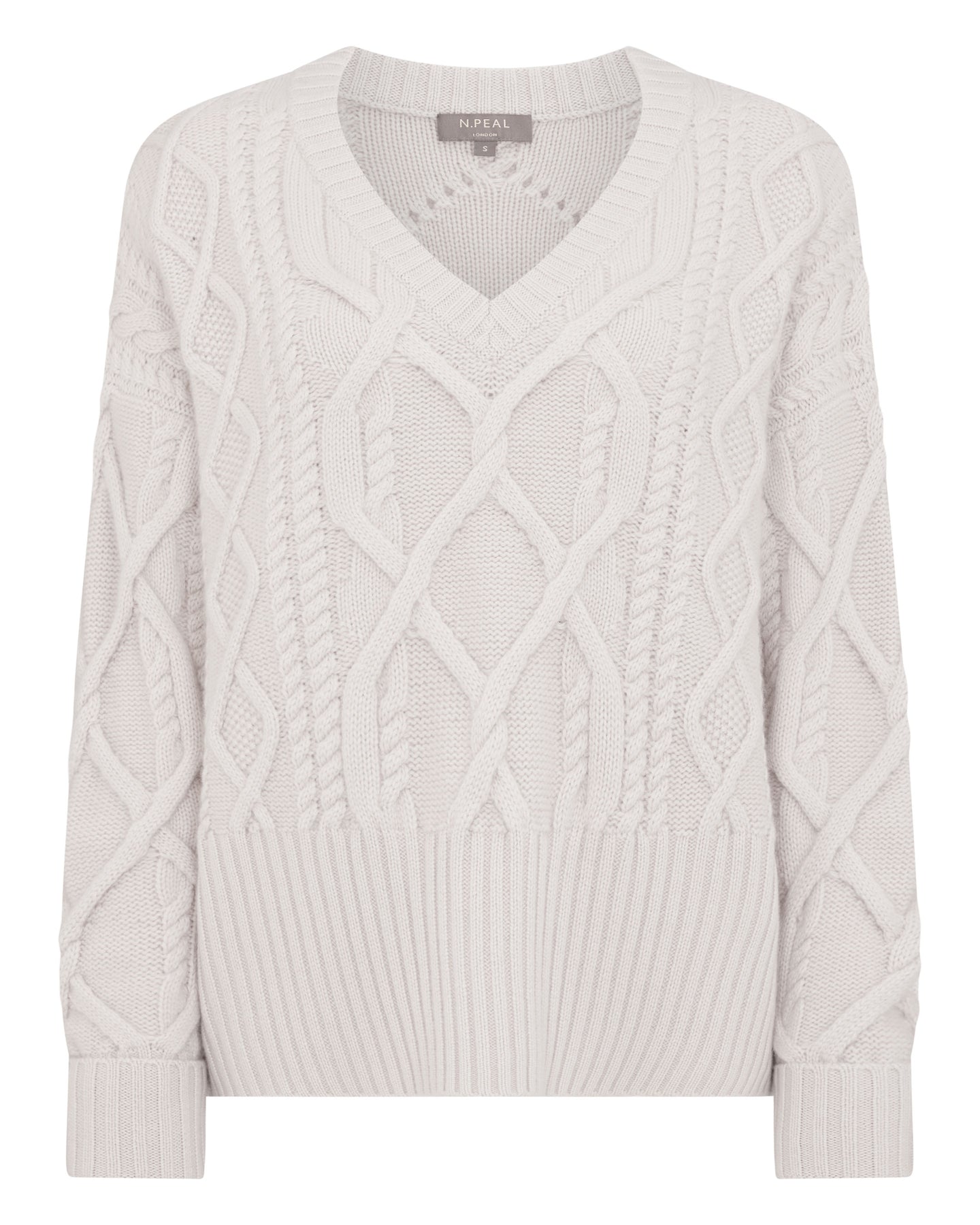 N.Peal Women's Cable V Neck Cashmere Jumper Snow Grey
