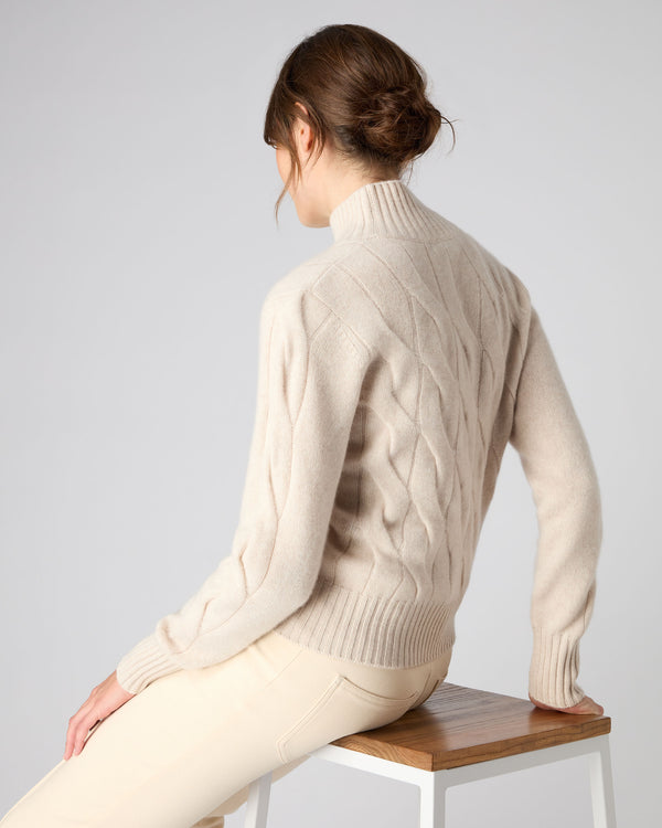 N.Peal Women's Cable Funnel Neck Cashmere Jumper Ecru White