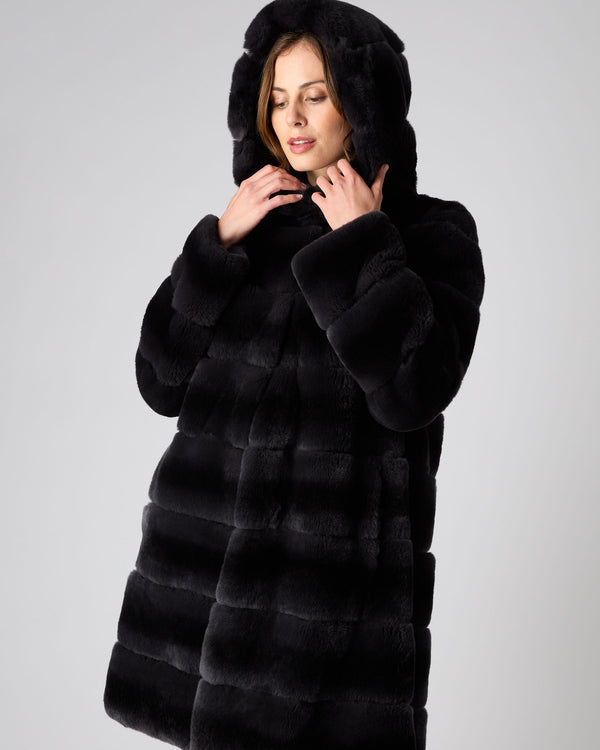N.Peal Women's Long Rex Hooded Coat Dark Grey