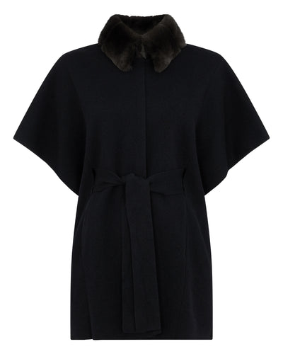 N.Peal Women's Cashmere Cape With Fur Collar Black