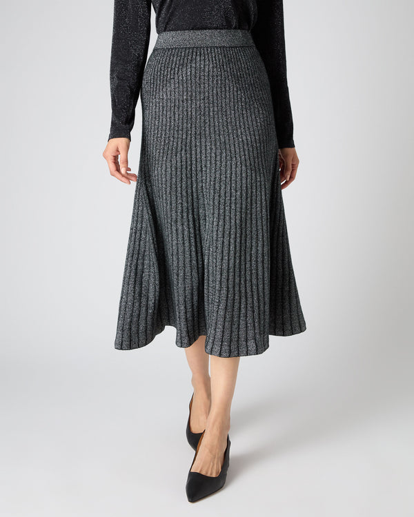N.Peal Women's Plated Rib Skirt With Lurex Black Sparkle