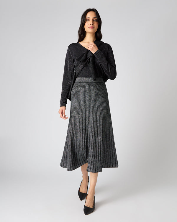 N.Peal Women's Plated Rib Skirt With Lurex Black Sparkle