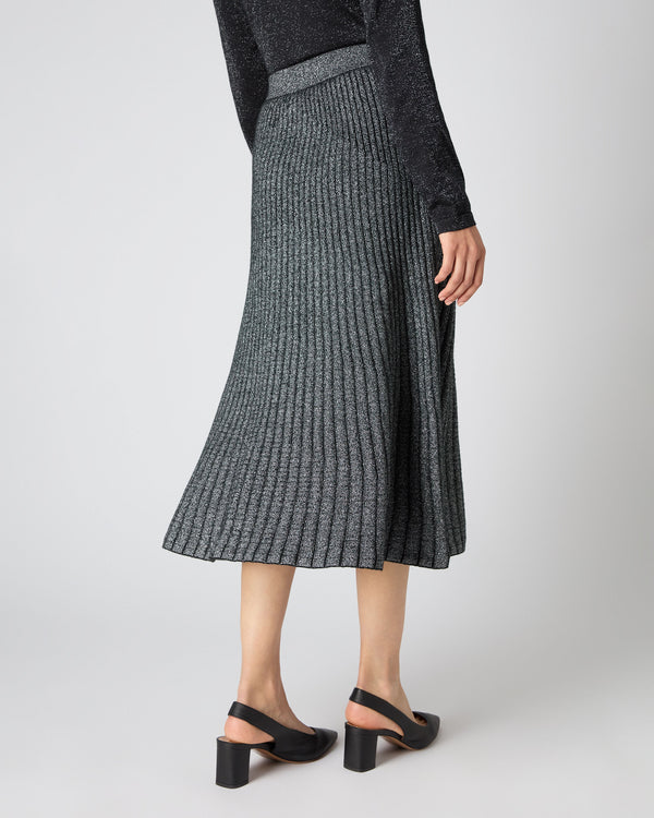 N.Peal Women's Plated Rib Skirt With Lurex Black Sparkle