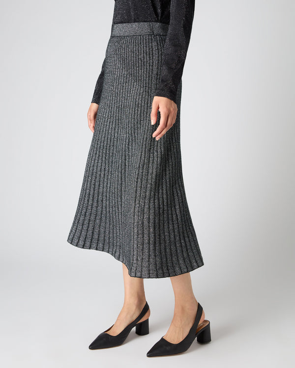 N.Peal Women's Plated Rib Skirt With Lurex Black Sparkle