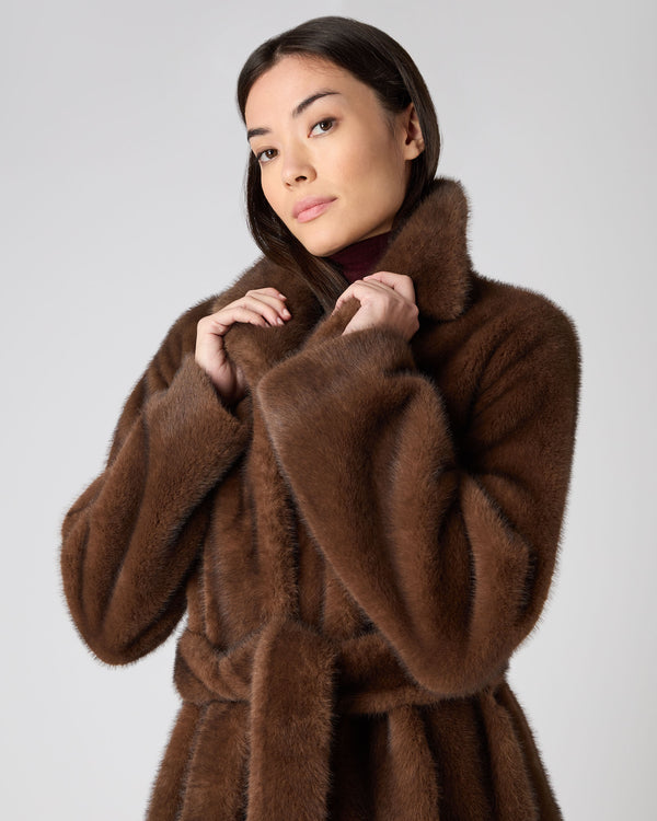 N.Peal Women's Faux Mink Long Coat Brown PRE-ORDER