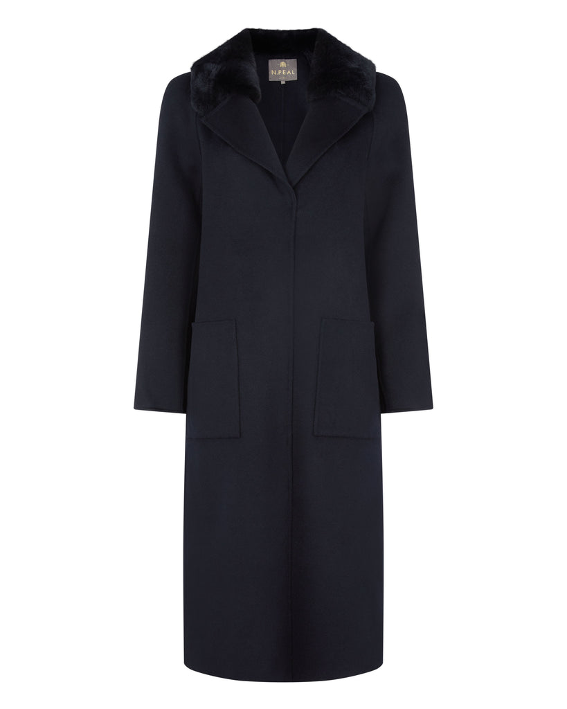 Women's Fur Collar Woven Cashmere Coat Navy Blue | N.Peal