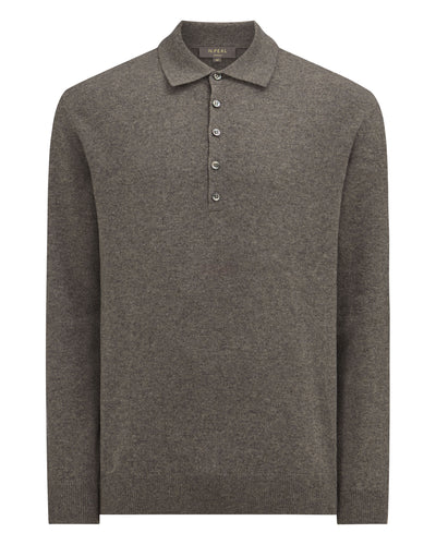 N.Peal Men's Greenwich Cashmere Polo Shirt Wood Smoke Brown