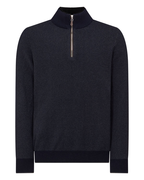 N.Peal Men's Fur Trim Half Zip Cashmere Jumper Navy Blue