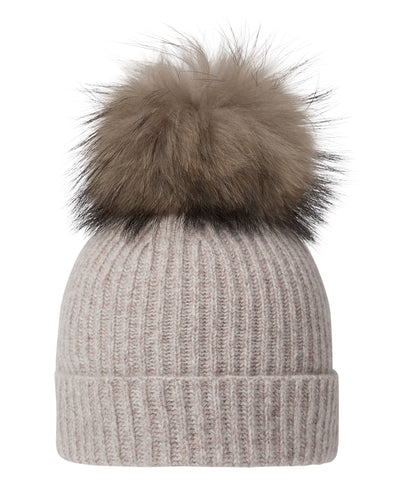 N.Peal Unisex Ribbed Cashmere Hat With Detachable Pom Basilica Beige Brown Marl