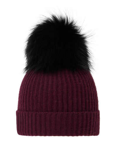 N.Peal Unisex Ribbed Cashmere Hat With Detachable Pom Bordeaux Red