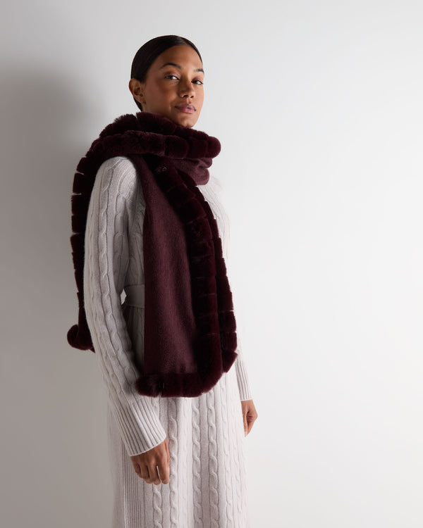 N.Peal Women's Meribel Woven Fur Trim Scarf Claret Red