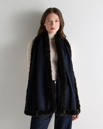 N.Peal Women's Meribel Woven Fur Trim Scarf Navy Blue