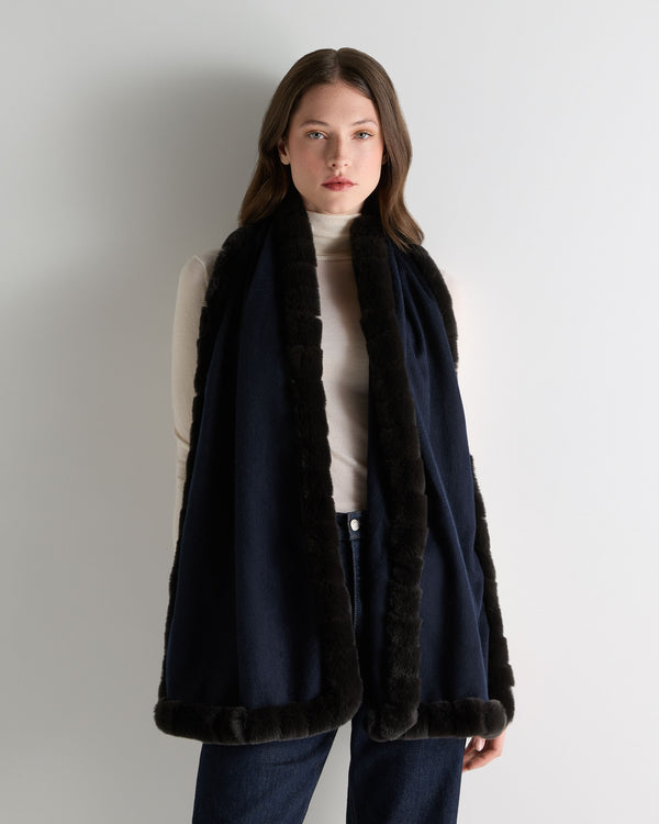 N.Peal Women's Meribel Woven Fur Trim Scarf Navy Blue