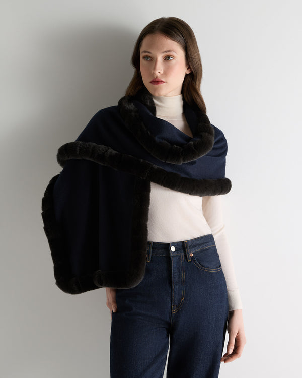 N.Peal Women's Meribel Woven Fur Trim Scarf Navy Blue