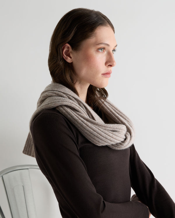 N.Peal Unisex Short Ribbed Cashmere Scarf Basilica Beige Brown Marl