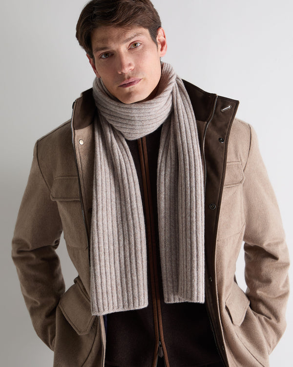 N.Peal Unisex Short Ribbed Cashmere Scarf Basilica Beige Brown Marl