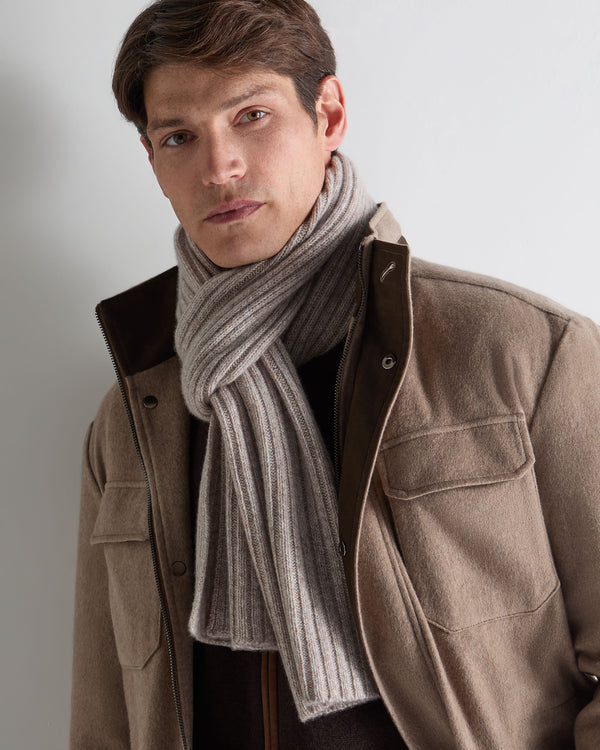 N.Peal Unisex Short Ribbed Cashmere Scarf Basilica Beige Brown Marl