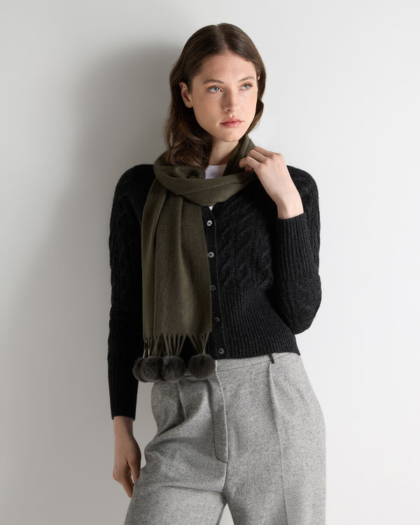N.Peal Women's Davos Fur Bobble Cashmere Scarf Arabica Khaki Green